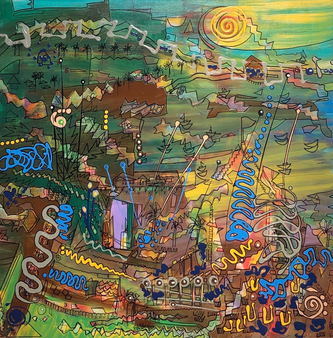 Kimm Byers "Party Harty In Catalina" Signed Original Acrylic: Offered here is an original Acrylic on Canvas by Kimm Byers: "Kimm Byers "Party Harty In Catalina" Signed Original Acrylic". This one-of-a-kind piece, measuring 36 x 36 x 2 inch, is a rare