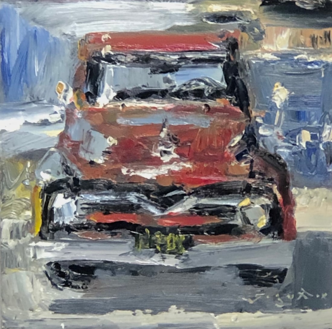 Jorn Fox (Red Truck) Signed Original Oil: Offered here is an original Oil on Board by Jorn Fox: "Jorn Fox (Red Truck) Signed Original Oil". This one-of-a-kind piece, measuring 12 x 12 x 2 inch, is a rare opportunity for collectors to acquire 