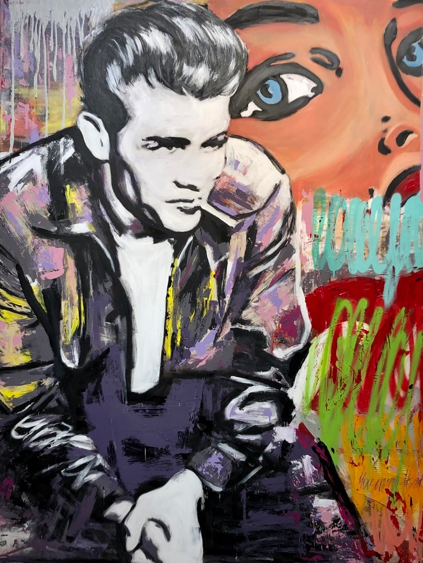 Yasemen Asad "James Dean Marilyn Cameo" Signed Original Mixed Media: Offered here is an original Mixed Media on Canvas by Yasemen Asad: "Yasemen Asad "James Dean Marilyn Cameo" Signed Original Mixed Media". This one-of-a-kind piece, measuring 48 x 36 x 2 inch, is a