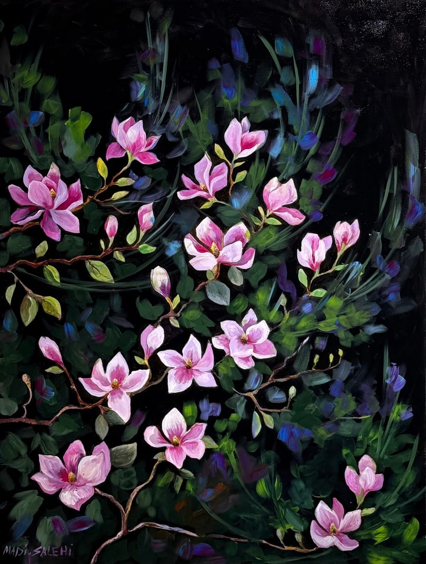 Madi Salehi (Untitled - Pink Magnolia Blossoms) Signed Original Acrylic: Offered here is an original Acrylic on Canvas by Madi Salehi: "Madi Salehi (Untitled - Pink Magnolia Blossoms) Signed Original Acrylic". This one-of-a-kind piece, measuring 40 x 30 x 1 inch, is a