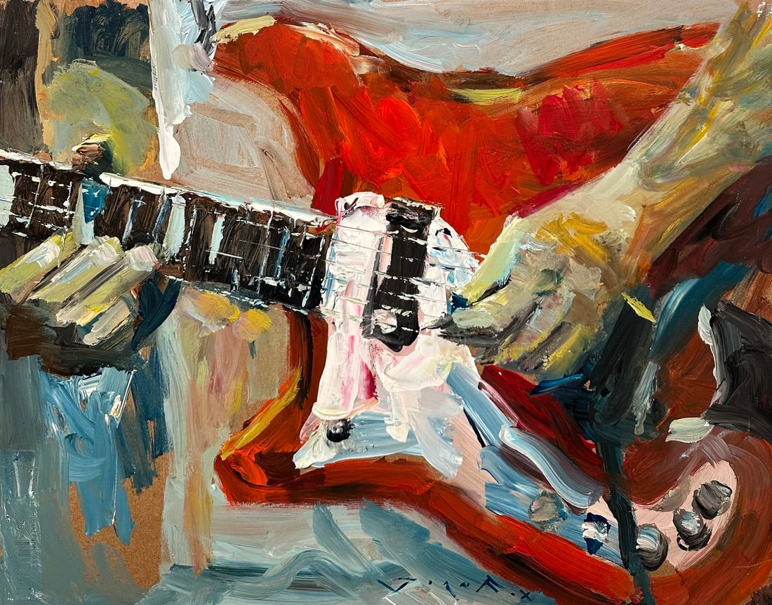 Jorn Fox "Red Guitar" Impressionist Signed Oil and Acrylic on Board: Offered here is an original Acrylic on Canvas Board by Jorn Fox: "Jorn Fox "Red Guitar" Impressionist Signed Oil and Acrylic on Board". This one-of-a-kind piece, measuring 16 x 20 inch, is a rare oppo