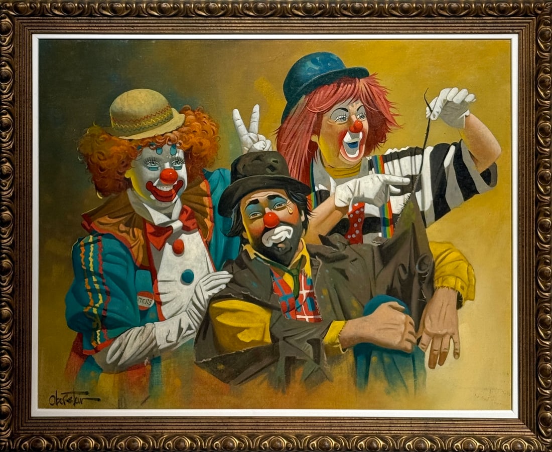 Chuck Oberstein (Signed) - Untitled Clown Trio, Original Painting on Canvas: Offered here is an original Original On Canvas by Chuck Oberstein: "Chuck Oberstein (Signed) - Untitled Clown Trio, Original Painting on Canvas". This one-of-a-kind piece, measuring 26 x 31 inch, is a