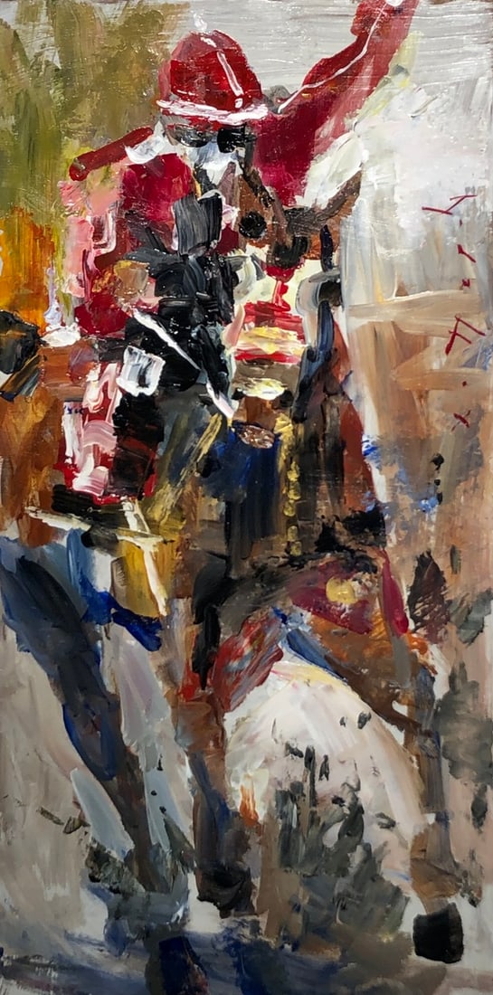 Jorn Fox (Race Horse & Jockey) Signed Original Acrylic: Offered here is an original Acrylic on Board by Jorn Fox: "Jorn Fox (Race Horse & Jockey) Signed Original Acrylic". This one-of-a-kind piece, measuring 30 x 15 x 2 inch, is a rare opportunity for