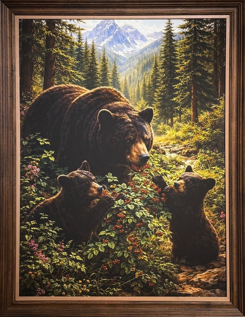 Michael Ibey Original Mixed Media "Black Bear Family": Offered here is an original Mixed Media Original on Canvas by Michael Ibey: "Michael Ibey Original Mixed Media "Black Bear Family"". This one-of-a-kind piece, measuring 46 x 36 x 2 inch, is a rare