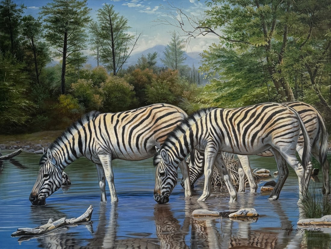 Henry Roland (Untitled - Zebras at Drinking Hole) Signed Original Oil: Offered here is an original Oil on Canvas by Henry Roland: "Henry Roland (Untitled - Zebras at Drinking Hole) Signed Original Oil". This one-of-a-kind piece, measuring 30 x 40 x 1 inch, is a rare