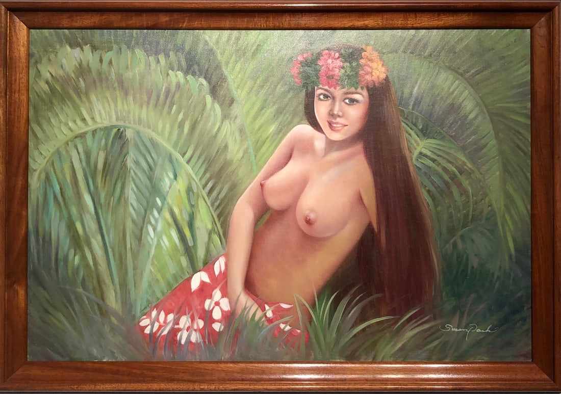 Susan Park Hawaiian Girl Signed Oil on Canvas: Offered here is an original Original Oil on Canvas by Susan Park: "Susan Park Hawaiian Girl Signed Oil on Canvas". This one-of-a-kind piece, measuring 28 x 41 x 2 inch, is a rare opportunity for