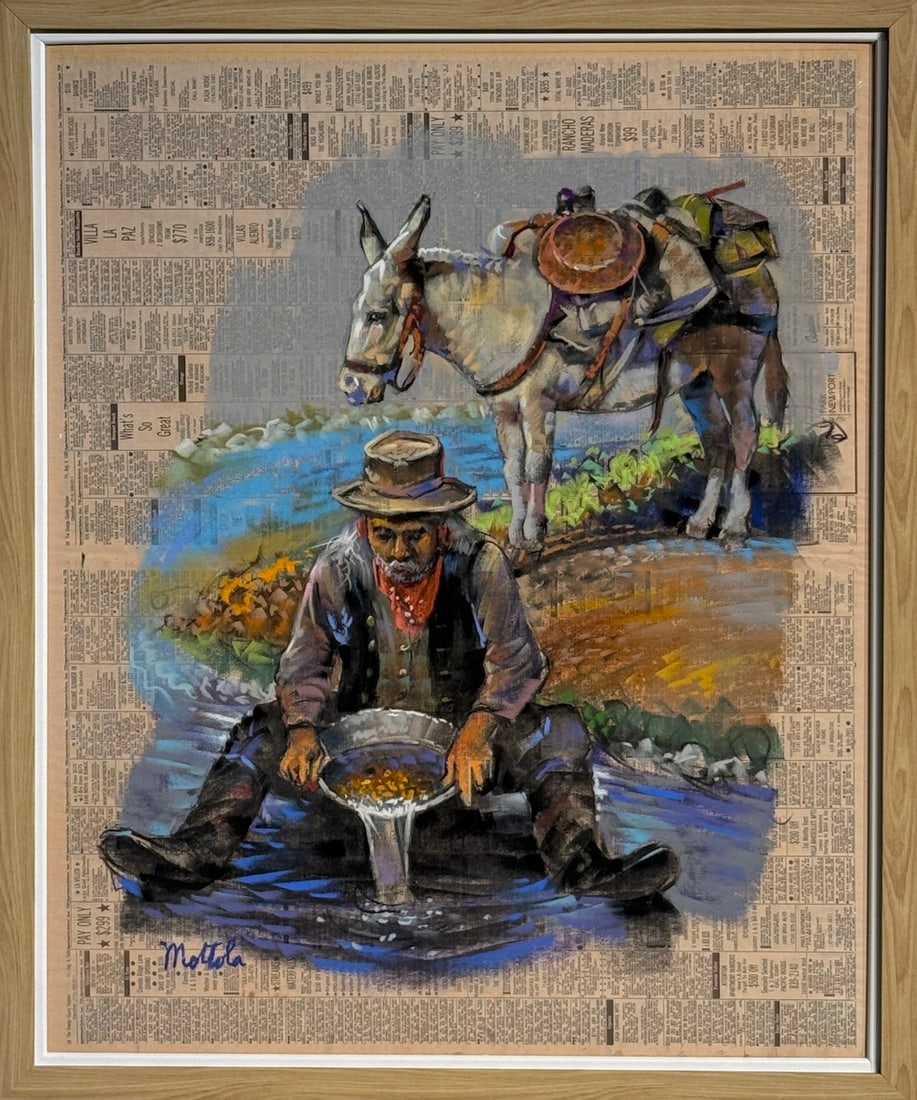 Filastro Mottola "Eureka" Signed Original Pastel on Newspaper: Offered here is an original Pastel on Newspaper by Filastro Mottola: "Filastro Mottola "Eureka" Signed Original Pastel on Newspaper". This one-of-a-kind piece, measuring 30 x 25 x 2 inch, is a rare op