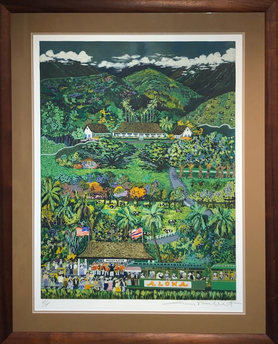 Guy Buffet "Aloha Mokuleia" Signed Serigraph LE: Presenting a limited edition Serigraph on Paper by Guy Buffet: "Guy Buffet "Aloha Mokuleia" Signed Serigraph LE". This Serigraph on Paper (Edition: 187/300), measuring 43 x 35 x 2 inch, is a sought-af