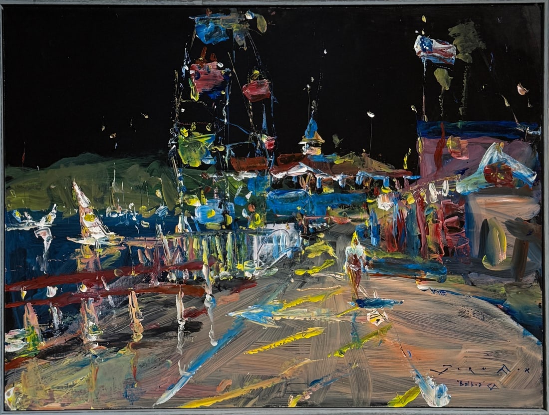 Jorn Fox "Fun Zone at Night, Balboa Island, CA", Signed Original: Offered here is an original Acrylic on Masonite Board by Jorn Fox: "Jorn Fox "Fun Zone at Night, Balboa Island, CA", Signed Original". This one-of-a-kind piece, measuring 31 x 41 x 2 inch, is a rare o