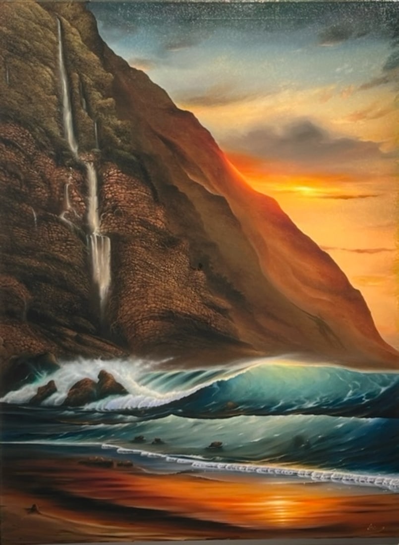 Arie Yosef "Falls At Hanalei Bay" Giclee on Canvas Signed: Presenting a Giclee on Canvas by Arie Yosef: "Arie Yosef "Falls At Hanalei Bay" Giclee on Canvas Signed". This work, measuring 40 x 30 x 2 inch, is available now at auction on LiveAuctioneers.