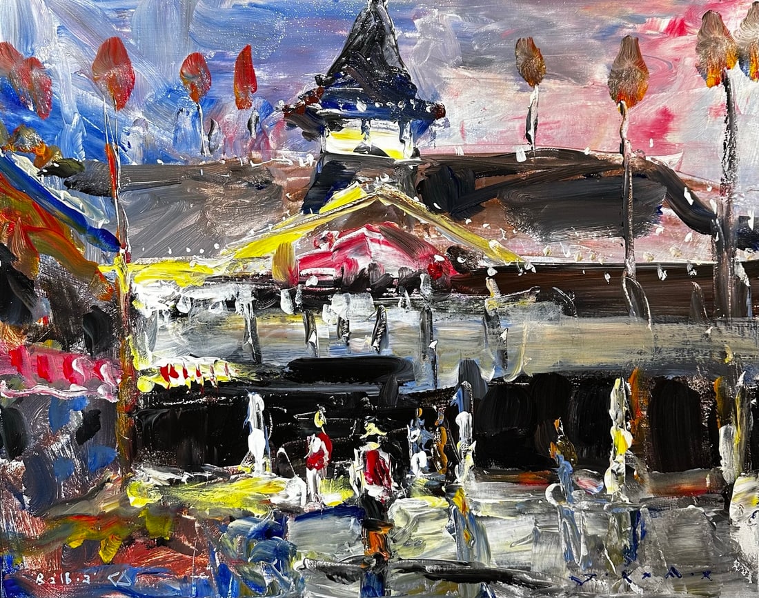 Jorn Fox "Balboa Pavilion With People" Impressionist Signed Oil and Acrylic on Canvas: Offered here is an original Acrylic on Canvas by Jorn Fox: "Jorn Fox "Balboa Pavilion With People" Impressionist Signed Oil and Acrylic on Canvas". This one-of-a-kind piece, measuring 16 x 20 inch, is