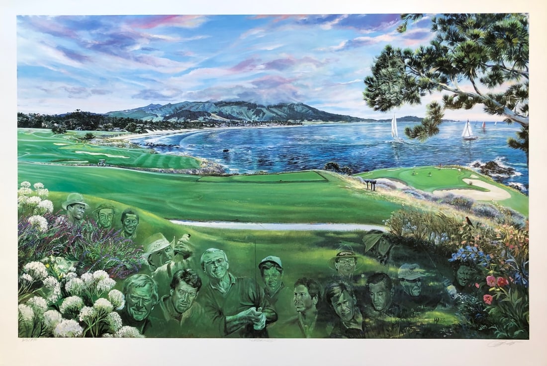 Ruth Mayer "Legends" (Pebble Beach) Signed Lithograph LE: Presenting a limited edition Lithograph on Paper by Ruth Mayer: "Ruth Mayer "Legends" (Pebble Beach) Signed Lithograph LE". This Lithograph on Paper (Edition: 315/395), measuring 24 x 36 x 2 inch, is 