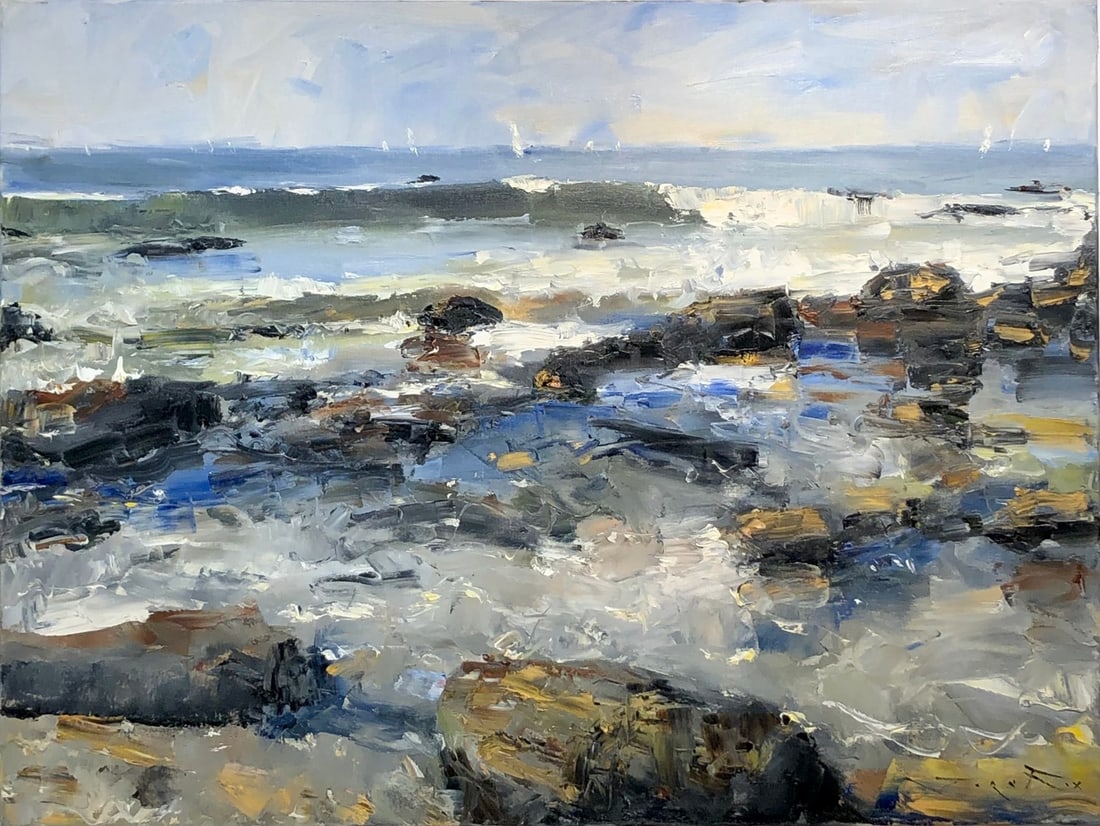 Jorn Fox (Impressionist - Seascape) Signed Original Oil: Offered here is an original Oil on Canvas by Jorn Fox: "Jorn Fox (Impressionist - Seascape) Signed Original Oil". This one-of-a-kind piece, measuring 30 x 40 x 2 inch, is a rare opportunity for collec