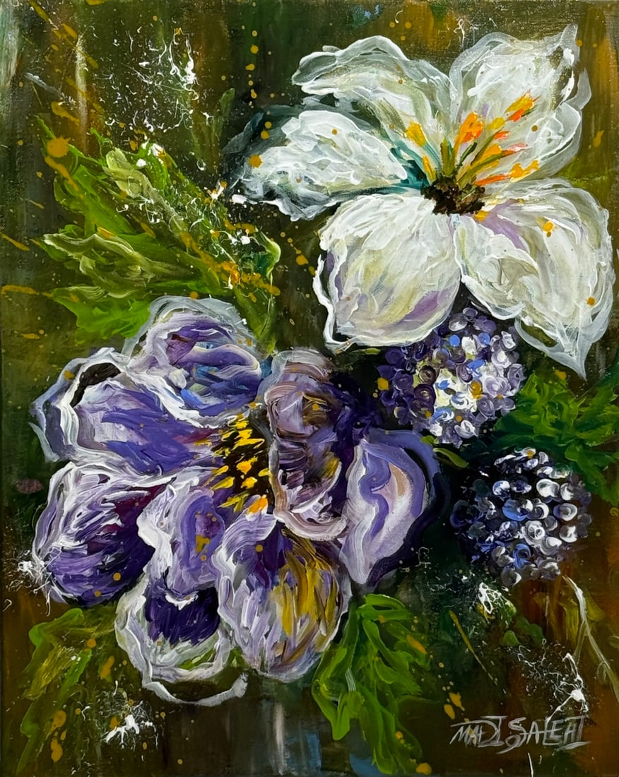 Madi Salehi (Untitled - Floral) Signed Original Acrylic: Offered here is an original Acrylic on Canvas by Madi Salehi: "Madi Salehi (Untitled - Floral) Signed Original Acrylic". This one-of-a-kind piece, measuring 20 x 16 x 1 inch, is a rare opportunity for