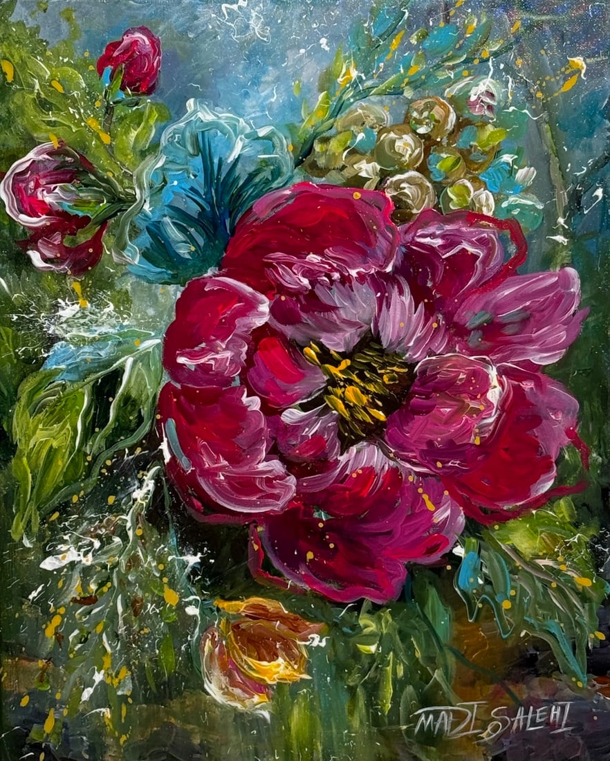 Madi Salehi (Untitled - Floral) Signed Original Acrylic: Offered here is an original Acrylic on Canvas by Madi Salehi: "Madi Salehi (Untitled - Floral) Signed Original Acrylic". This one-of-a-kind piece, measuring 20 x 16 x 1 inch, is a rare opportunity for
