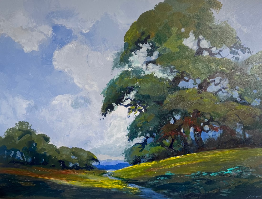 Michael Schofield "Stream In The Meadow" Original on Canvas: Offered here is an original Original On Canvas by Michael Schofield: "Michael Schofield "Stream In The Meadow" Original on Canvas". This one-of-a-kind piece, measuring 39 x 29 inch, is a rare