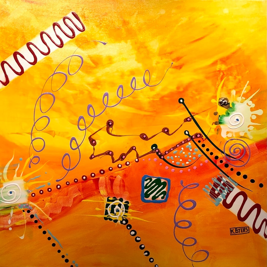 Kimm Byers "Be Lucky We Don't Get Hit by A CME!!" Signed Original: Offered here is an original Acrylic on Canvas by Kimm Byers: "Kimm Byers "Be Lucky We Don't Get Hit by A CME!!" Signed Original". This one-of-a-kind piece, measuring 36 x 36 x 2 inch, is a rare