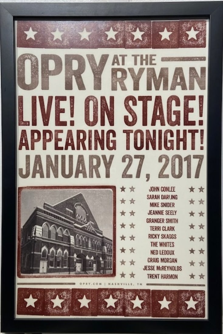 "Opry at the Ryman" Poster: Presenting this Unknown Poster on Paper: ""Opry at the Ryman" Poster". This piece, measuring 18 x 12 x 1 inch, is available at auction on LiveAuctioneers. Artist: Unknown Title: "Opry at the Ryman"