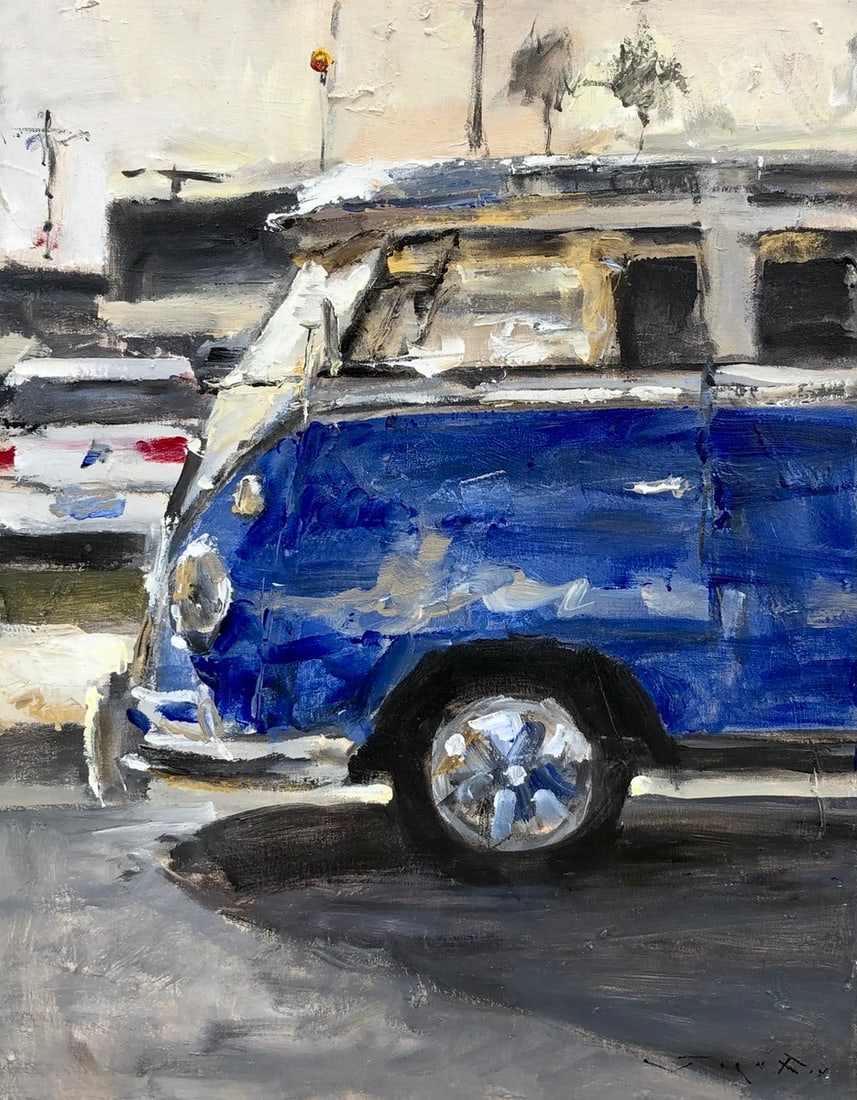 Jorn Fox (VW Bus - Blue) Signed Original Acrylic: Offered here is an original Acrylic on Canvas by Jorn Fox: "Jorn Fox (VW Bus - Blue) Signed Original Acrylic". This one-of-a-kind piece, measuring 28 x 22 x 2 inch, is a rare opportunity for