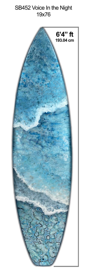 Carolyn Johnson Original ""Voice In The Night" (Recycled Surfboard): Offered here is an original Original Epoxy Art by Carolyn Johnson: "Carolyn Johnson Original ""Voice In The Night" (Recycled Surfboard)". This one-of-a-kind piece, measuring 76 x 19 x 2 inch, is a rar
