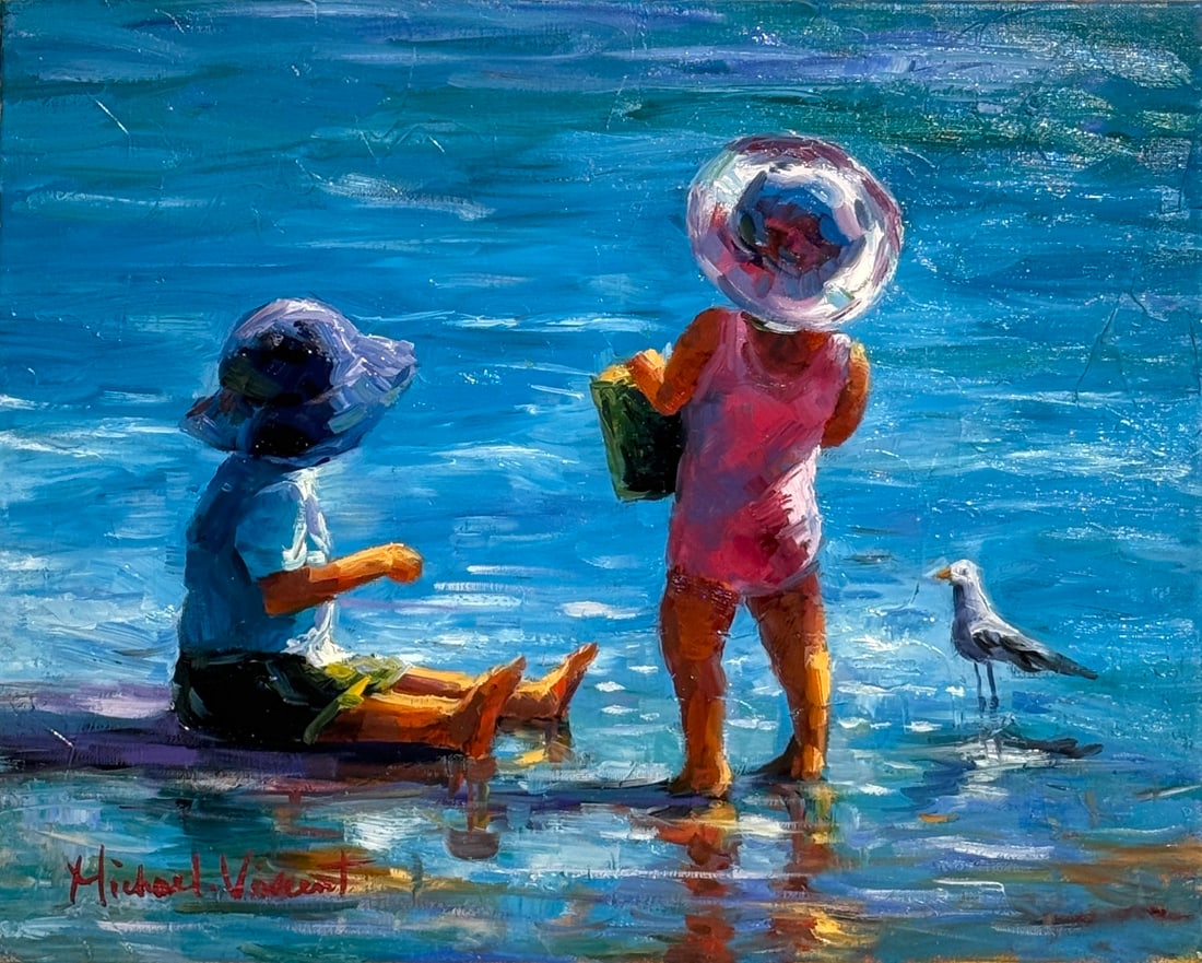 Michael Vincent Original "Beach Party For Three": Offered here is an original Original Oil on Canvas by Michael Vincent: "Michael Vincent Original "Beach Party For Three"". This one-of-a-kind piece, measuring 16 x 20 x 1 inch, is a rare opportunity