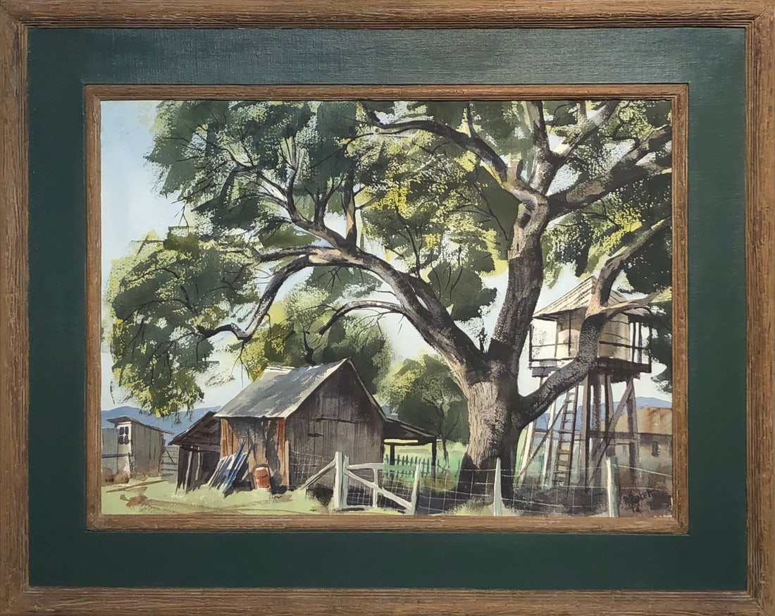 Ralph Baker (Country Landscape) Signed Original Watercolor w/Vintage Distressed Frame: Offered here is an original Watercolor on Paper by Ralph Baker: "Ralph Baker (Country Landscape) Signed Original Watercolor w/Vintage Distressed Frame". This one-of-a-kind piece, measuring 32 x 40 x