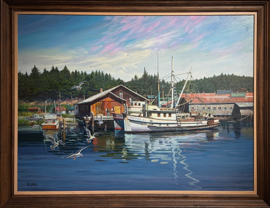 Filastro Mottola (RARE) "Fishing Boats at Noyo Bay" Original Oil on Masonite: Offered here is an original Original Oil on Masonite by Filastro Mottola: "Filastro Mottola (RARE) "Fishing Boats at Noyo Bay" Original Oil on Masonite". This one-of-a-kind piece, measuring 35 x 45 x