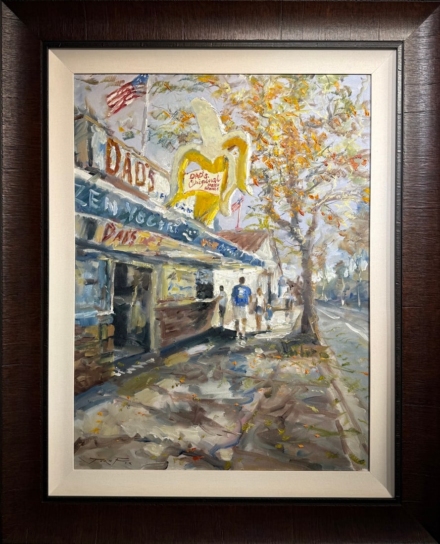 Jorn Fox "Dad's Original Frozen Banana" Original Oil on Canvas: Offered here is an original Oil On Canvas by Jorn Fox: "Jorn Fox "Dad's Original Frozen Banana" Original Oil on Canvas". This one-of-a-kind piece, measuring 53 x 43 x 3 inch, is a rare opportunity