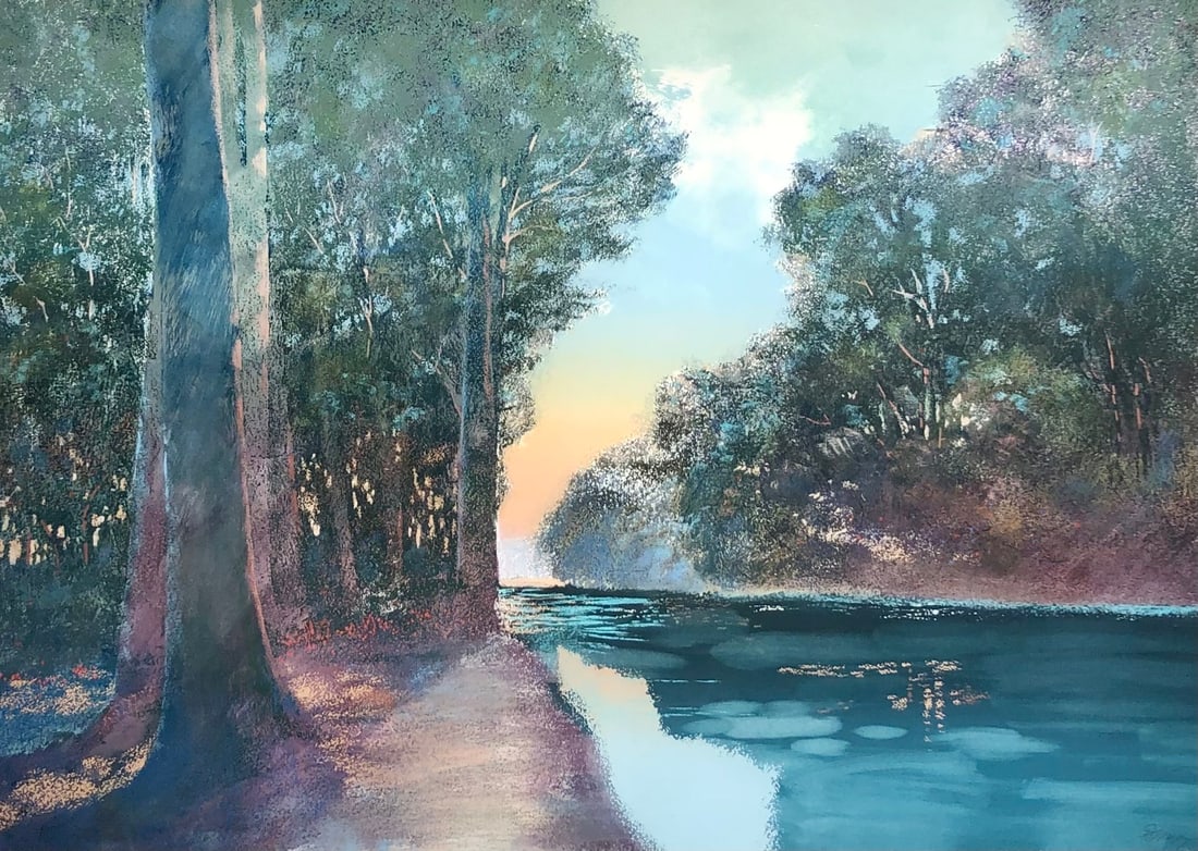 Don Munz "Riverine" Signed Serigraph LE: Presenting a limited edition Serigraph on Paper by Don Munz: "Don Munz "Riverine" Signed Serigraph LE". This Serigraph on Paper (Edition: 147/175), measuring 41 x 53 x 2 inch, is a sought-after