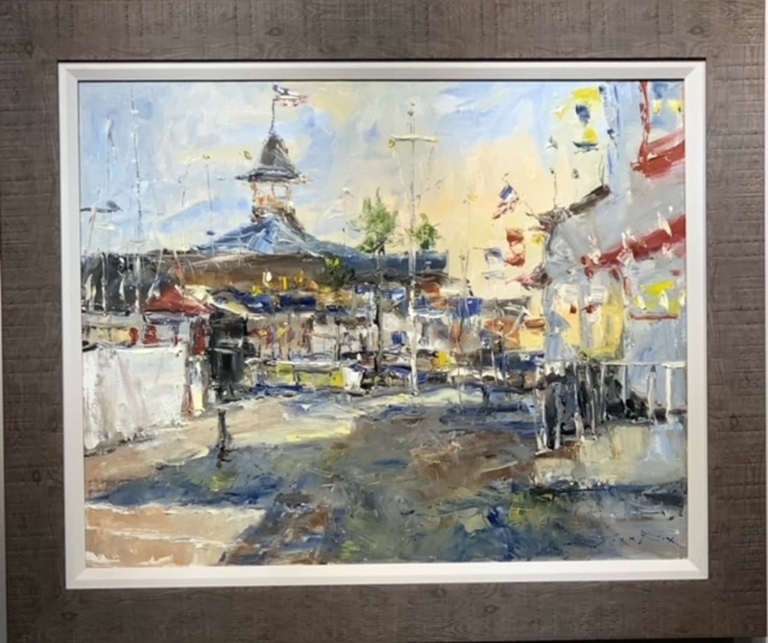 Jorn Fox "Balboa Boardwalk" Signed Oil and Acrylic on Canvas: Offered here is an original Original Oil and Acrylic on Canvas by Jorn Fox: "Jorn Fox "Balboa Boardwalk" Signed Oil and Acrylic on Canvas". This one-of-a-kind piece, measuring 32 x 38 x 2 inch, is a r