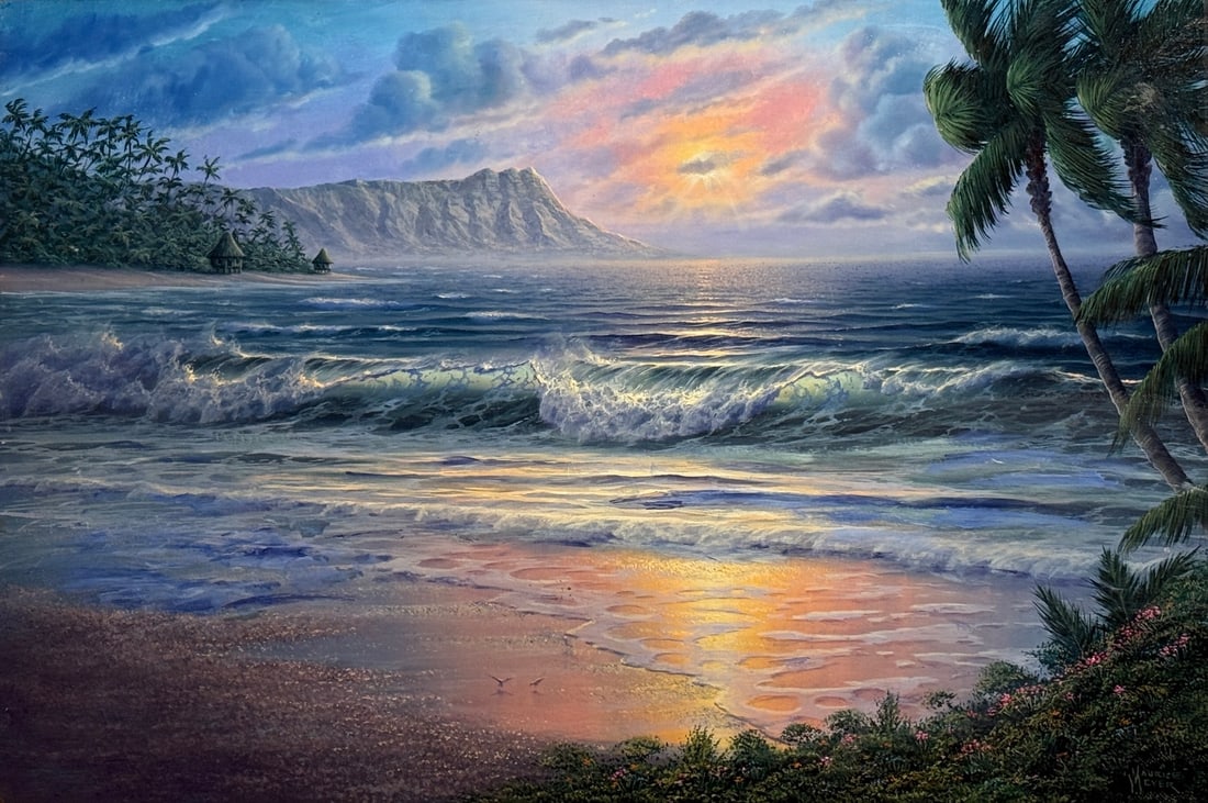 Maurice Meyer (Signed Original Oil) "Early Days Of Diamondhead" Seascape/Sunset: Offered here is an original Original Oil on Masonite by Maurice Meyer: "Maurice Meyer (Signed Original Oil) "Early Days Of Diamondhead" Seascape/Sunset". This one-of-a-kind piece, measuring 20 x 30 x