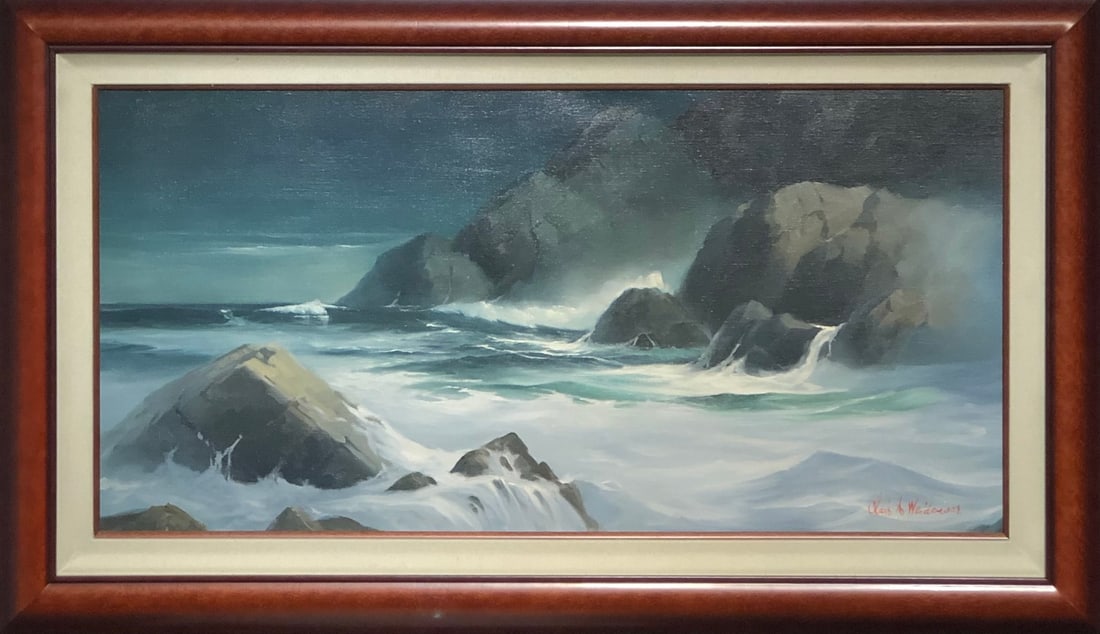 Clair Weidenaar "Midnite on the Cliffs" Signed Original Oil - Realist: Offered here is an original Oil on Canvas by Clair Weidenaar: "Clair Weidenaar "Midnite on the Cliffs" Signed Original Oil - Realist". This one-of-a-kind piece, measuring 26 x 44 x 2 inch, is a rare