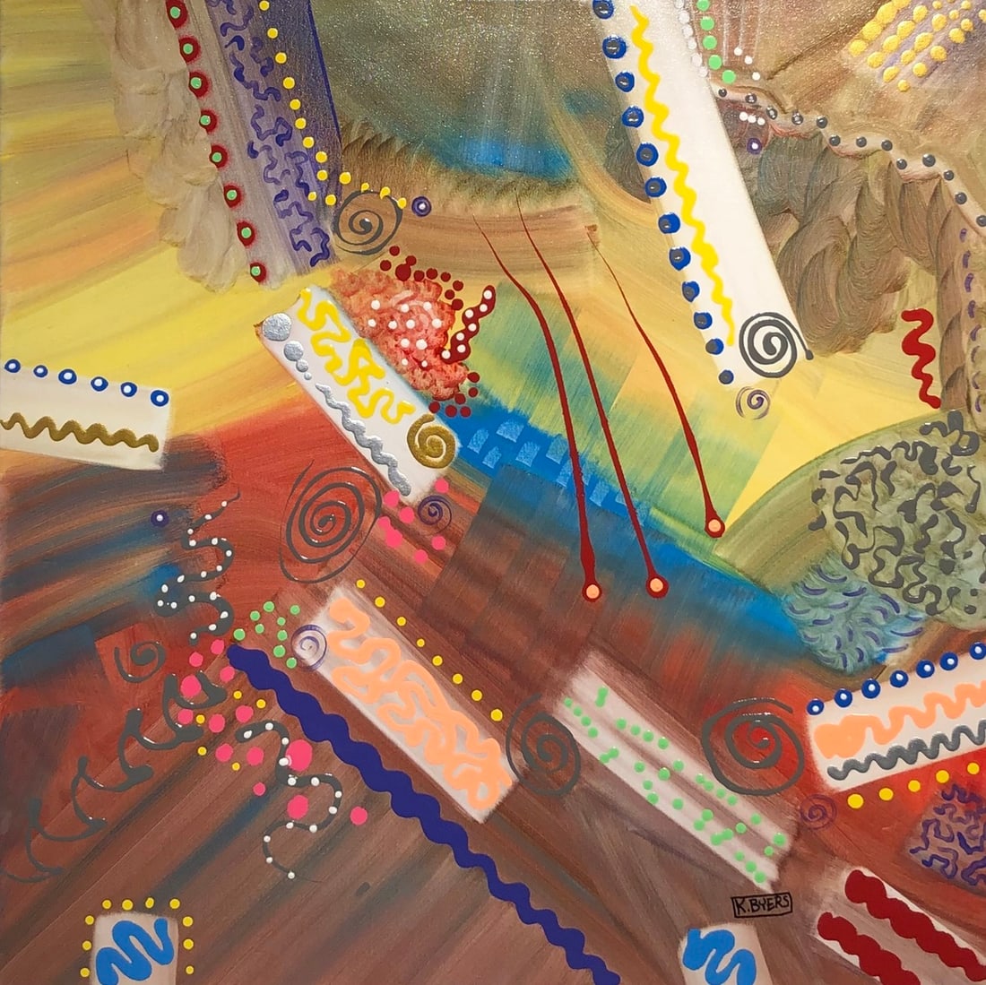Kimm Byers "Space Rocks Incoming" Signed Original Acrylic: Offered here is an original Acrylic on Canvas by Kimm Byers: "Kimm Byers "Space Rocks Incoming" Signed Original Acrylic". This one-of-a-kind piece, measuring 36 x 36 x 2 inch, is a rare opportunity