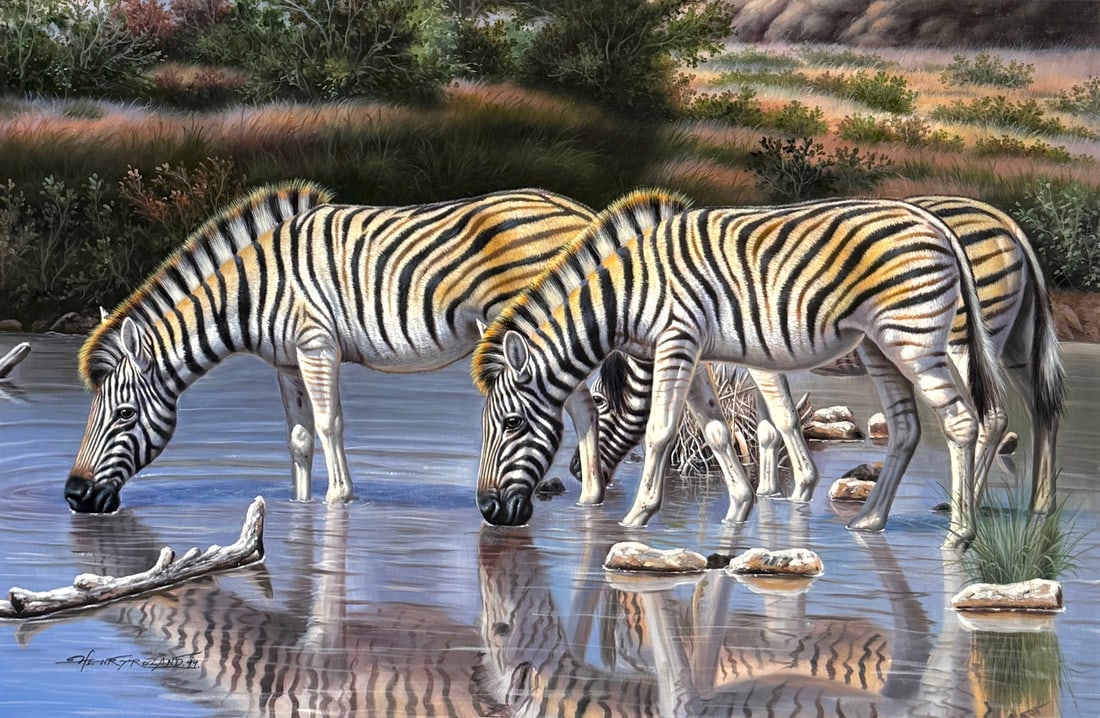 Henry Roland ("Quick Drink" Zebras at the Stream) Signed Original Oil: Offered here is an original Oil on Canvas by Henry Roland: "Henry Roland ("Quick Drink" Zebras at the Stream) Signed Original Oil". This one-of-a-kind piece, measuring 24 x 36 x 1 inch, is a rare