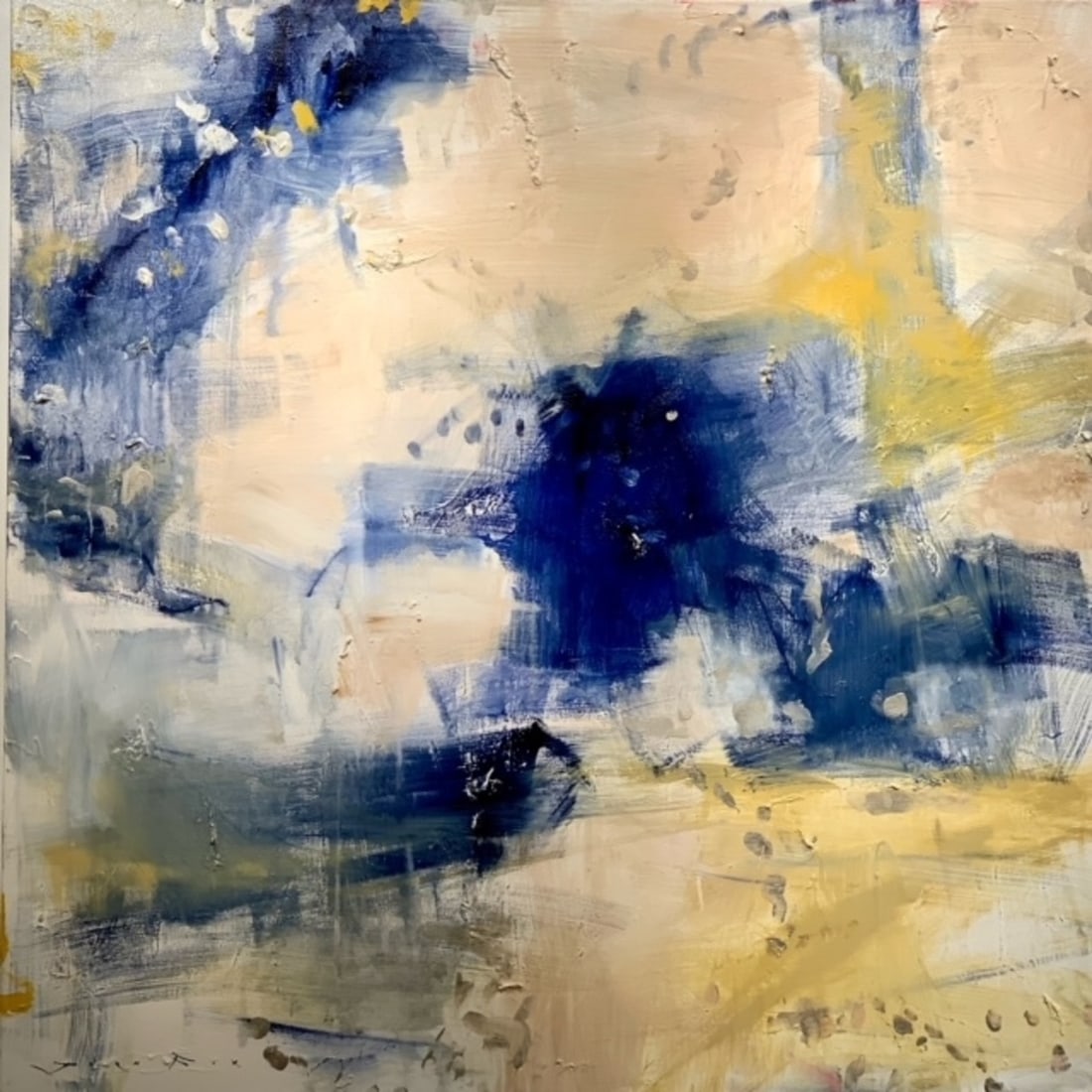 Jorn Fox Abstract Signed Original Oil and Acrylic: Offered here is an original Original Oil and Acrylic on Canvas with 1 1/2" Museum Bars by Jorn Fox: "Jorn Fox Abstract Signed Original Oil and Acrylic". This one-of-a-kind piece, measuring 48 x 48 x 2