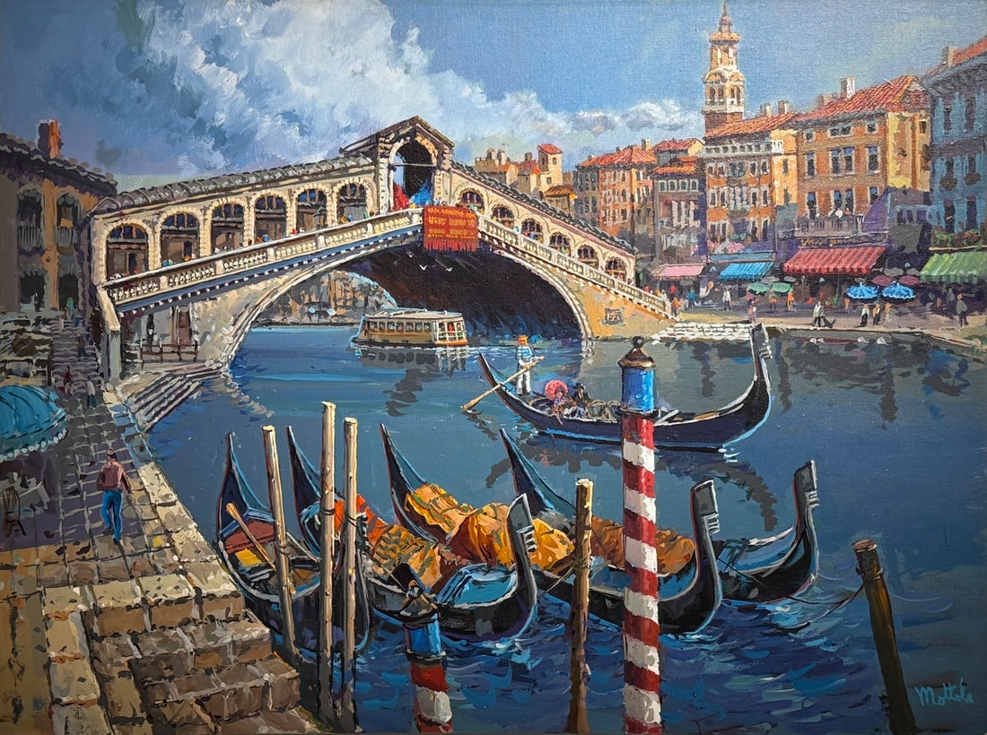 Filastro Mottola "Ponte Di Rialto" Original (Rialto Bridge): Offered here is an original Original Oil on Canvas by Filastro Mottola: "Filastro Mottola "Ponte Di Rialto" Original (Rialto Bridge)". This one-of-a-kind piece, measuring 30 x 40 x 1 inch, is a rare o