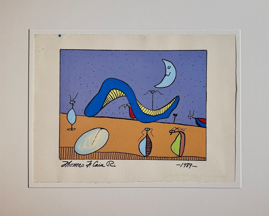 Thomas F. Cain Original On paper "Blue Moon with Egg and Sculpture" 1989 Whimsical/Surreal/Abstract: Offered here is an original Original Acrylic on Paper by Thomas F. Cain: "Thomas F. Cain Original On paper "Blue Moon with Egg and Sculpture" 1989 Whimsical/Surreal/Abstract". This one-of-a-kind