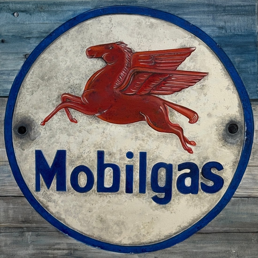 "Mobilgas" Sign Original by Michelle Michael: Offered here is an original Acrylic on Canvas by Michelle Michael: ""Mobilgas" Sign Original by Michelle Michael". This one-of-a-kind piece, measuring 20 x 20 x 2 inch, is a rare opportunity for colle