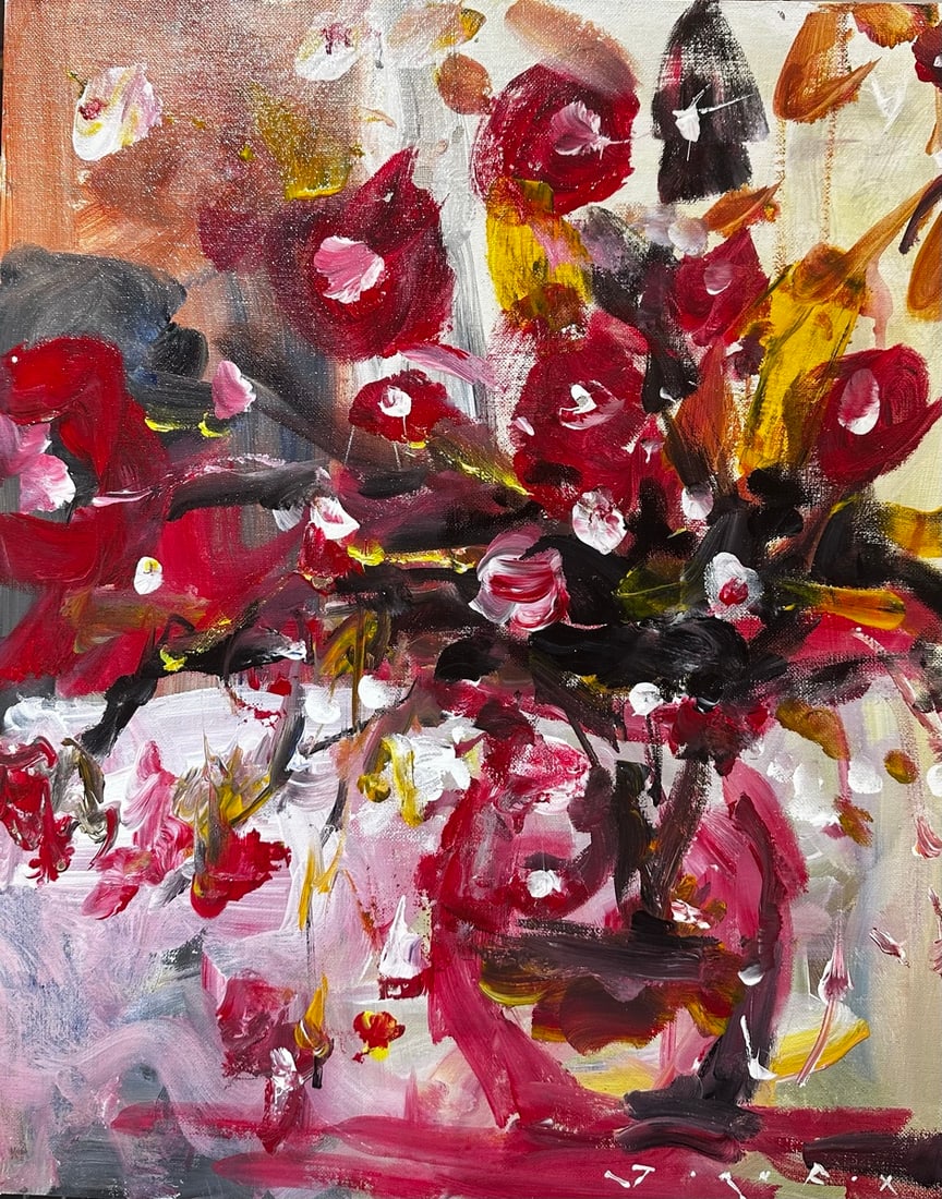 Jorn Fox "Red Vase With Reds Flowers Impressionist Signed Oil and Acrylic on Board: Offered here is an original Acrylic on Canvas Board by Jorn Fox: "Jorn Fox "Red Vase With Reds Flowers Impressionist Signed Oil and Acrylic on Board". This one-of-a-kind piece, measuring 16 x 20 inch,