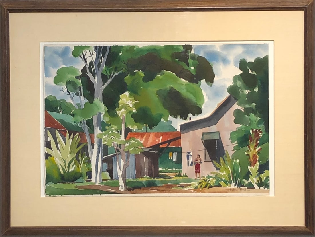 Hubert Buel "Backyard Leucadia" Signed Original Watercolor: Offered here is an original Watercolor on Paper by Hubert Buel: "Hubert Buel "Backyard Leucadia" Signed Original Watercolor". This one-of-a-kind piece, measuring 23 x 31 x 2 inch, is a rare opportunit