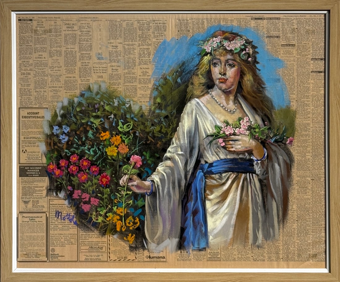 Filastro Mottola (European Woman & Floral) Signed Original Pastel on Newspaper: Offered here is an original Pastel on Newspaper by Filastro Mottola: "Filastro Mottola (European Woman & Floral) Signed Original Pastel on Newspaper". This one-of-a-kind piece, measuring 25 x 30 x 2 i