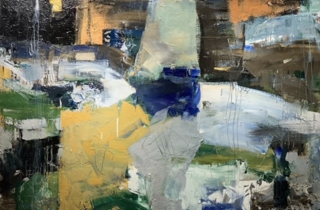 Jorn Fox Abstract Signed Original Oil and Acrylic: Offered here is an original Original Oil and Acrylic on Canvas with 1 1/2" Museum Bars by Jorn Fox: "Jorn Fox Abstract Signed Original Oil and Acrylic". This one-of-a-kind piece, measuring 40 x 60 x 2