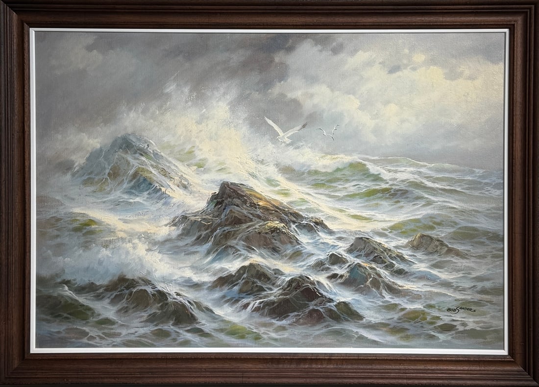 Bob Sanders (Seascape) Signed Original Oil: Offered here is an original Oil on Canvas by Bob Sanders: "Bob Sanders (Seascape) Signed Original Oil". This one-of-a-kind piece, measuring 29 x 41 x 2 inch, is a rare opportunity for collectors to ac