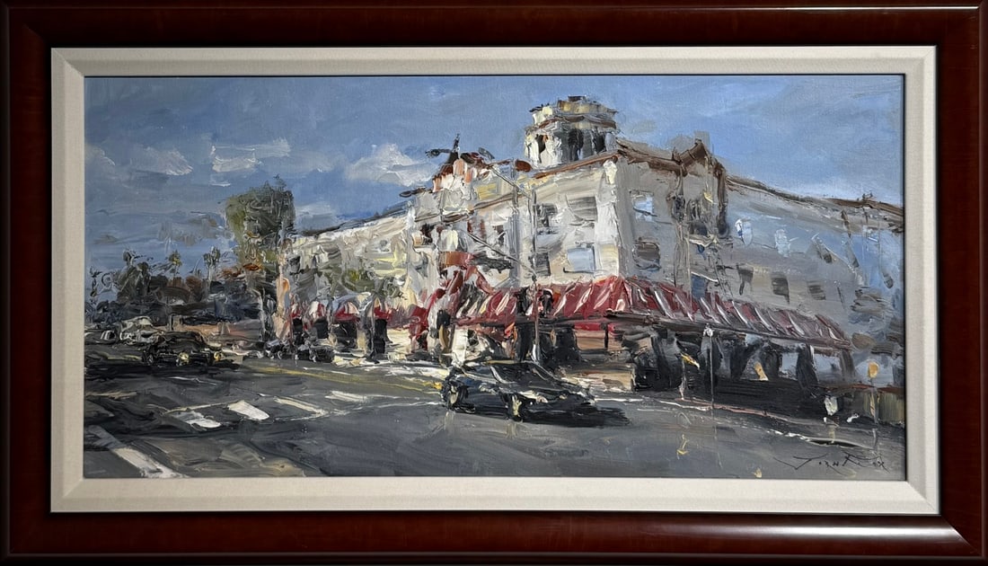Jorn Fox (Laguna Beach Hotel - PCH Street Scene) Signed Original Oil: Offered here is an original Oil on Canvas by Jorn Fox: "Jorn Fox (Laguna Beach Hotel - PCH Street Scene) Signed Original Oil". This one-of-a-kind piece, measuring 21 x 36 x 2 inch, is a rare opportuni