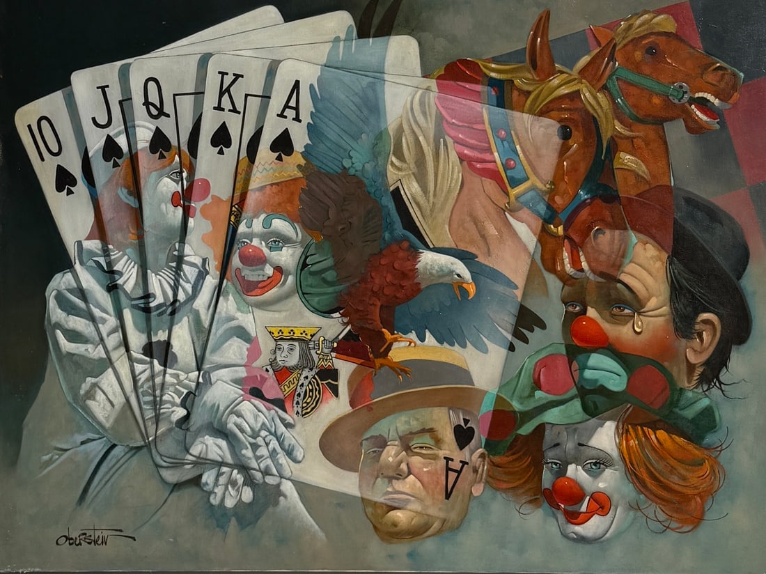 Chuck Oberstein (Untitled - Clowns Gambling) Signed Original Oil: Offered here is an original Oil on Canvas by Chuck Oberstein: "Chuck Oberstein (Untitled - Clowns Gambling) Signed Original Oil". This one-of-a-kind piece, measuring 30 x 40 x 1 inch, is a rare opport