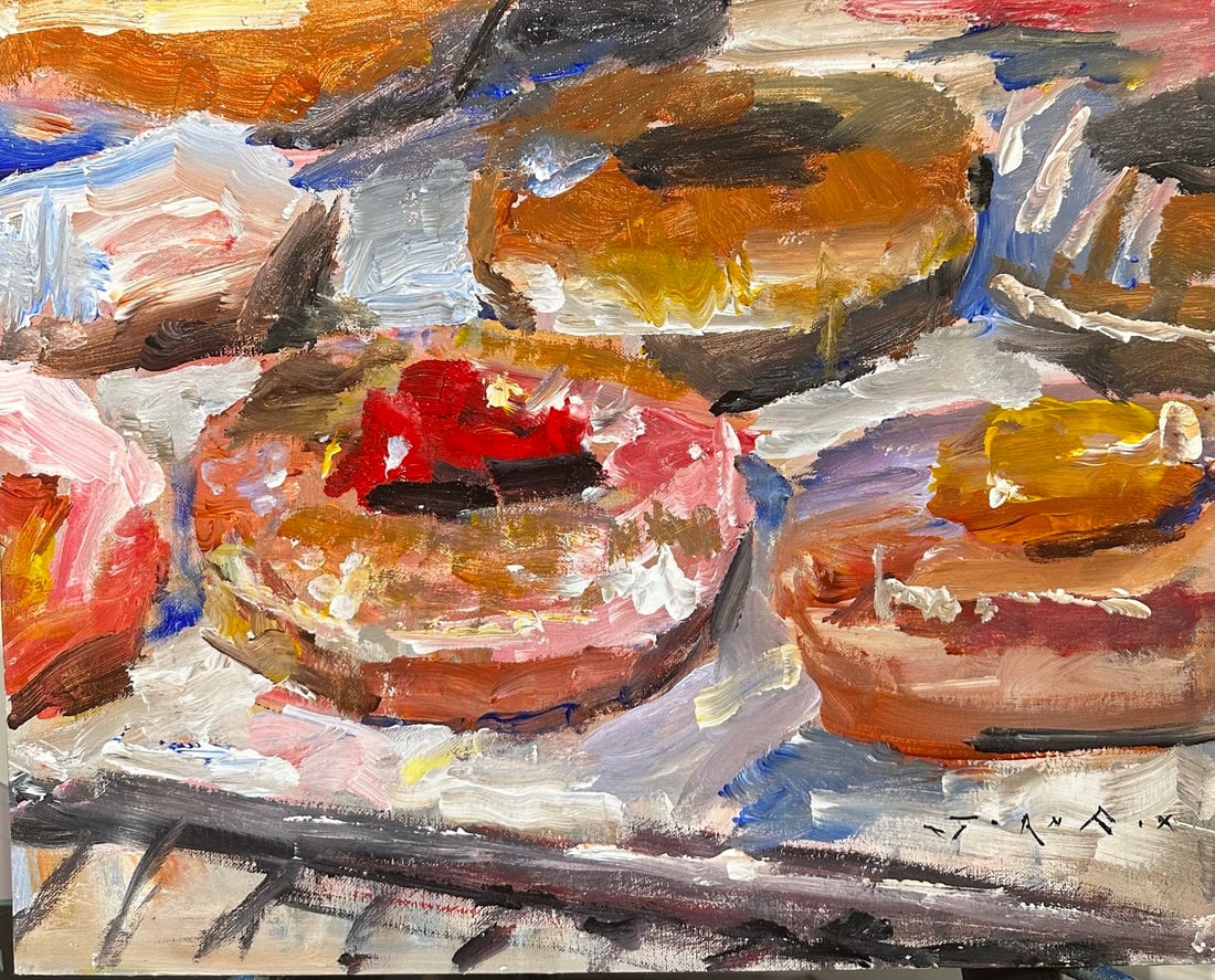 Jorn Fox "Time For Donuts" Impressionist Signed Oil and Acrylic on Board: Offered here is an original Acrylic on Canvas Board by Jorn Fox: "Jorn Fox "Time For Donuts" Impressionist Signed Oil and Acrylic on Board". This one-of-a-kind piece, measuring 16 x 20 inch, is a
