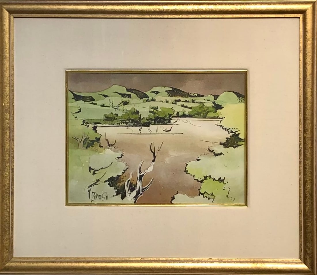 Milford Zornes "Puddingstone Lake" Signed Original Watercolor: Offered here is an original Watercolor on Paper by Milford Zornes: "Milford Zornes "Puddingstone Lake" Signed Original Watercolor". This one-of-a-kind piece, measuring 24 x 28 x 2 inch, is a rare oppo