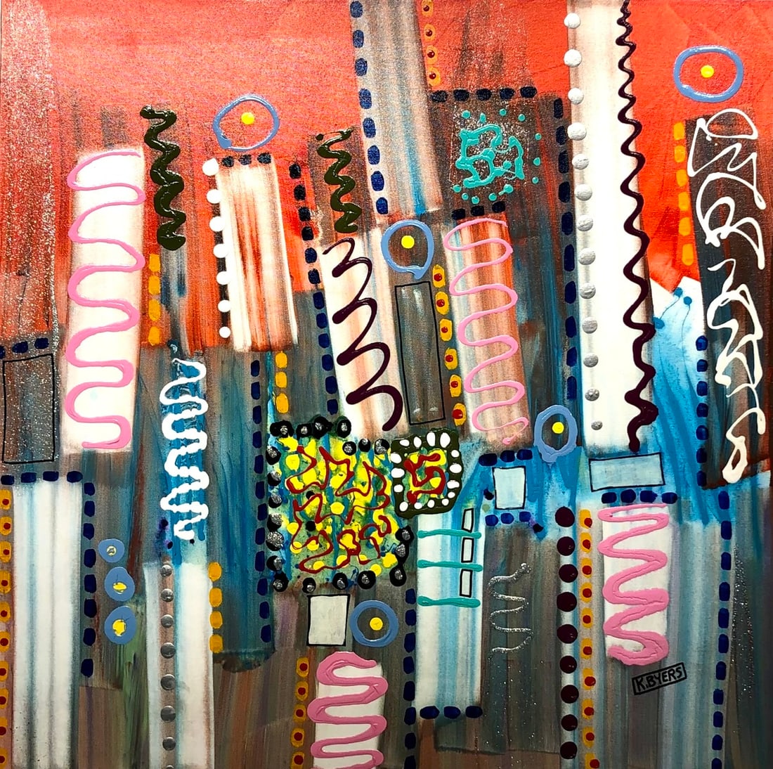 Kimm Byers "Solid Parts" Signed Original: Offered here is an original Acrylic on Canvas by Kimm Byers: "Kimm Byers "Solid Parts" Signed Original". This one-of-a-kind piece, measuring 36 x 36 x 2 inch, is a rare opportunity for collectors to