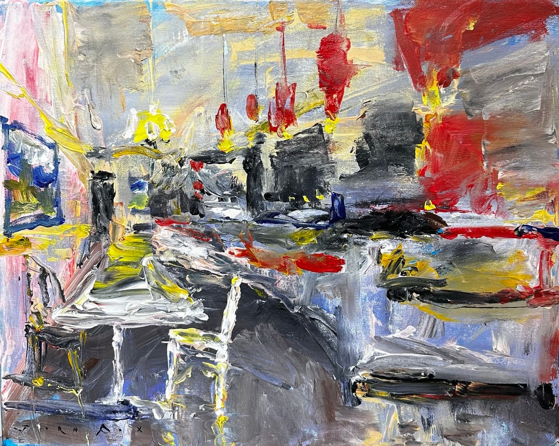 Jorn Fox "Anonymous Cafe" Impressionist Signed Oil and Acrylic on Canvas: Offered here is an original Acrylic on Canvas by Jorn Fox: "Jorn Fox "Anonymous Cafe" Impressionist Signed Oil and Acrylic on Canvas". This one-of-a-kind piece, measuring 16 x 20 inch, is a rare