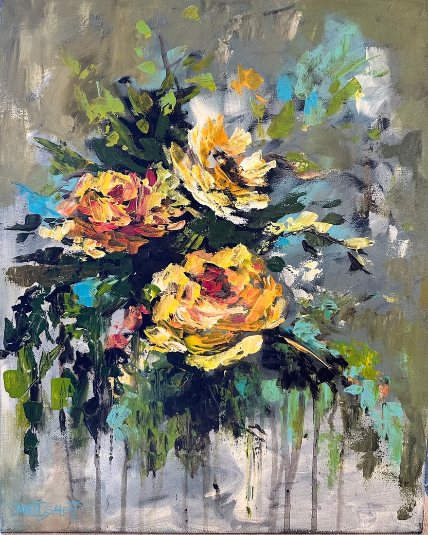 Madi Salehi "Three Yellow Roses Dripping" Original acrylic on canvas: Offered here is an original Original acrylic on canvas by Madi Salehi: "Madi Salehi "Three Yellow Roses Dripping" Original acrylic on canvas". This one-of-a-kind piece, measuring 16 x 20 inch, is a ra